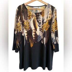 SUSAN GRAVER Tunic Top Liquid Knit IX Leaf Print Black Brown Gold